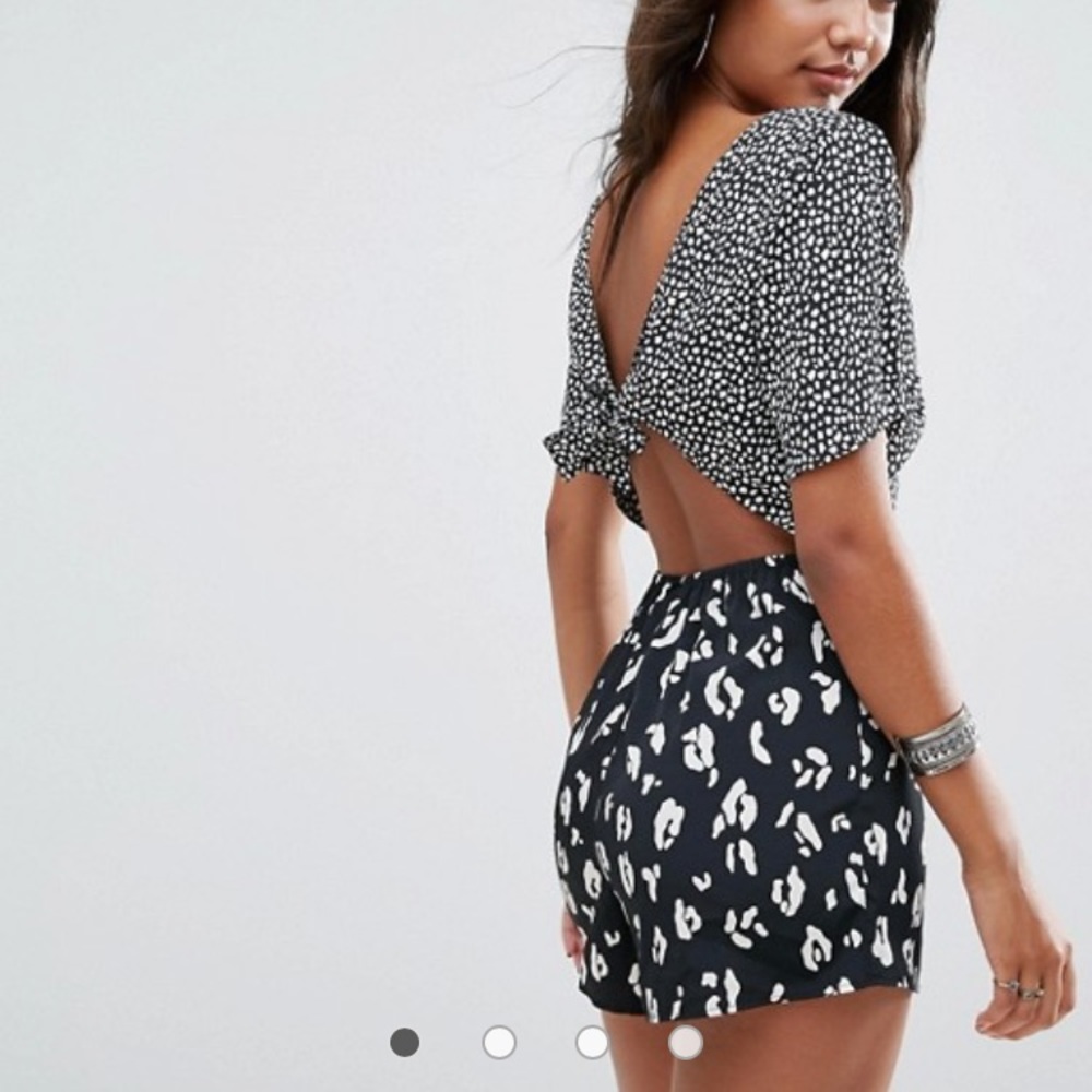 Romper; Mono Leopard Playsuit with Tie Back